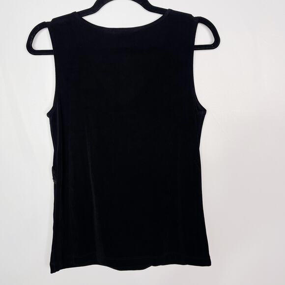 Chicos Size 0 Small Black Travelers VNeck Wrap Knit Shell Top Ruffle Trim Tank - Picture 2 of 8
